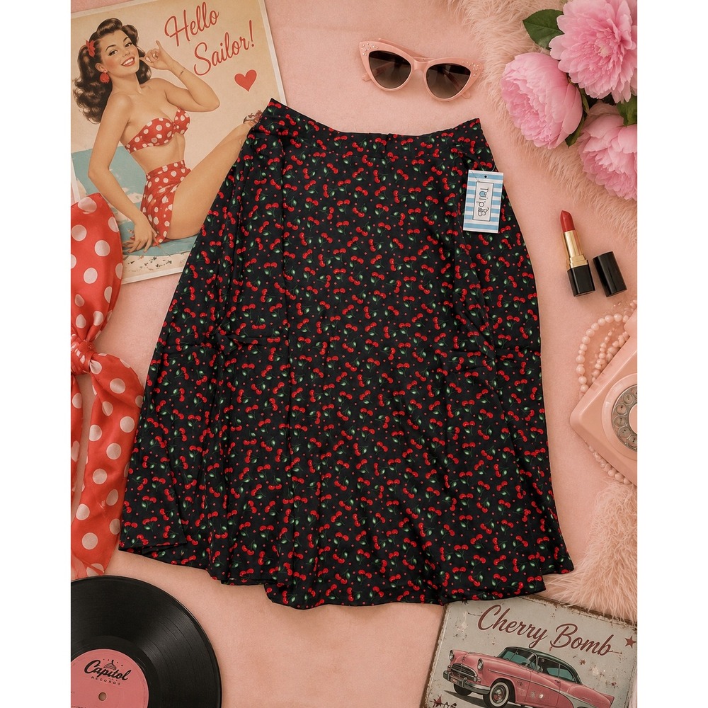 Tulip B Cherry Print Midi Skirt NWT Medium Black Red Pockets